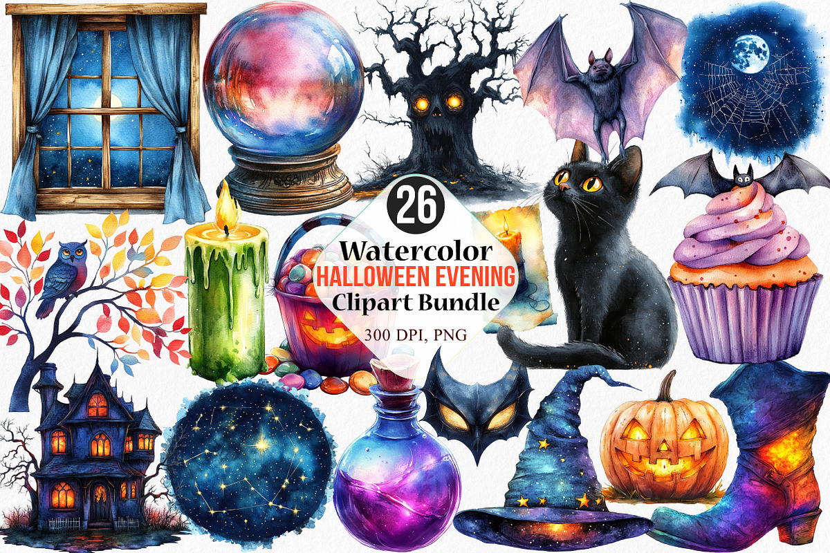 Watercolor Halloween Evening Clipart, an Illustration by Canvas Craft (Photo 1 of 8)