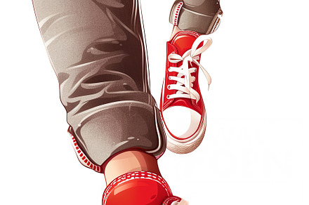 Stylish red sneakers stepping forward on a vibrant red arrow, an Illustration by AS photostudio