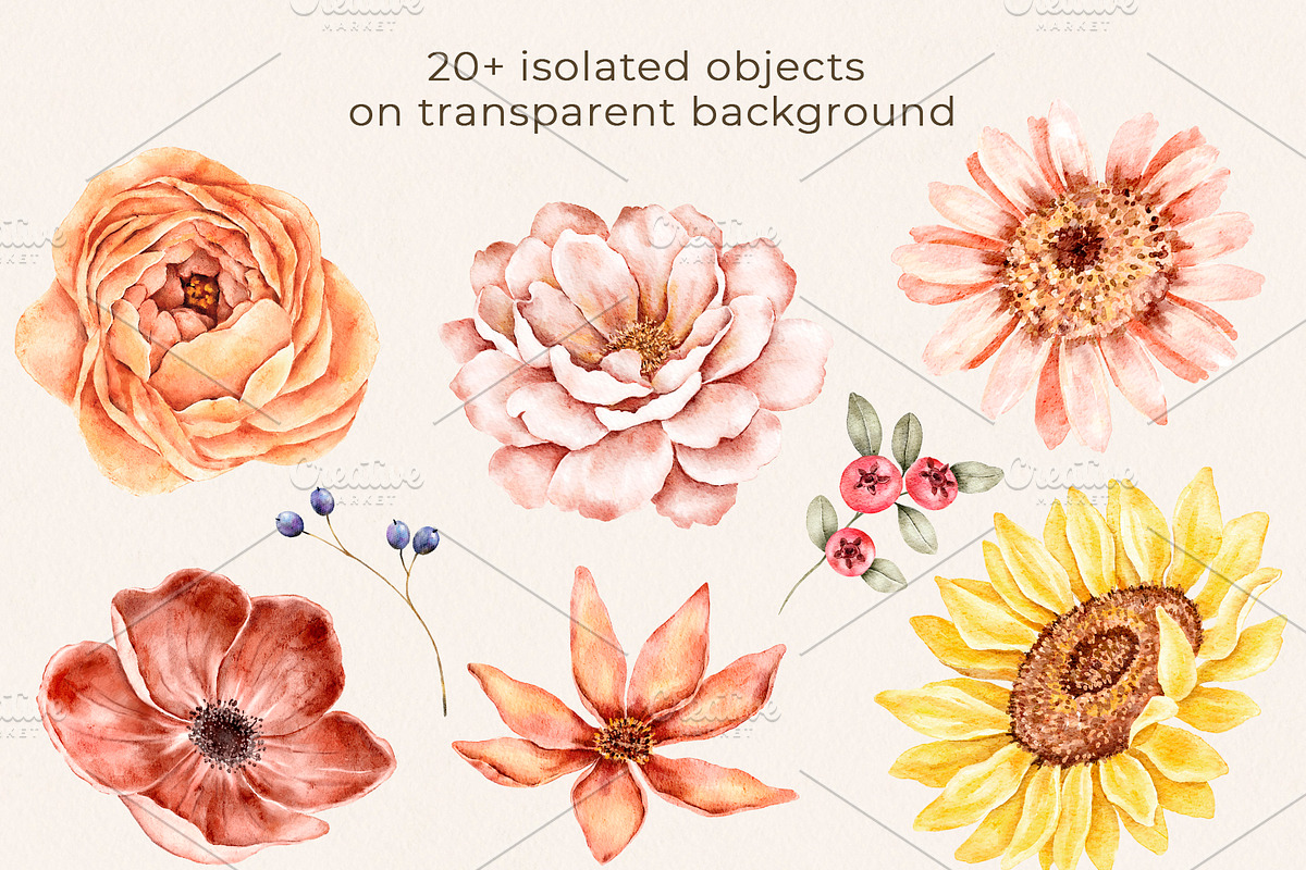 Floral Watercolor set Golden Hour, a Decorative Illustration by Eves_Aquadreams (Photo 3 of 14)
