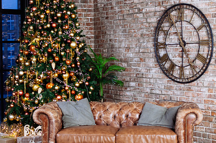Interior with couch and decorated ch stock photo containing ball and bauble