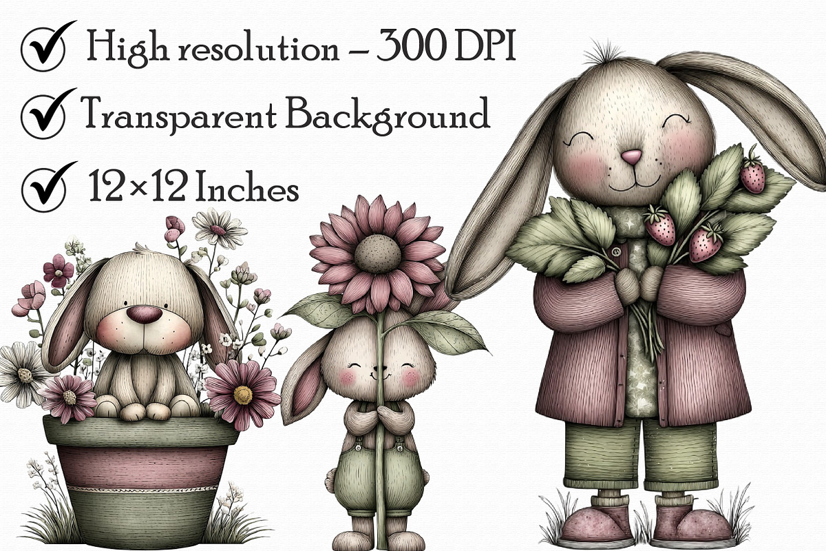 Whimsical Garden Bunny Clipart Set, an Illustration by Libby Wishes (Photo 2 of 7)