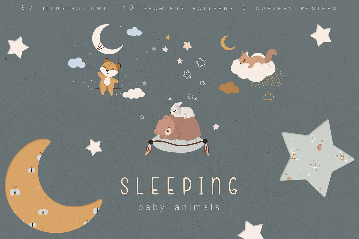 Sleeping Baby Animals Collection, an Animal Illustration by AlekseliArt (Photo 1 of 12)