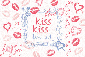 Love set. Hearts kisses doodle
