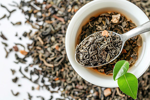 Cup of tea and spoon with tea leaves, top view, a Food & Drink Photo by AlyaAnd