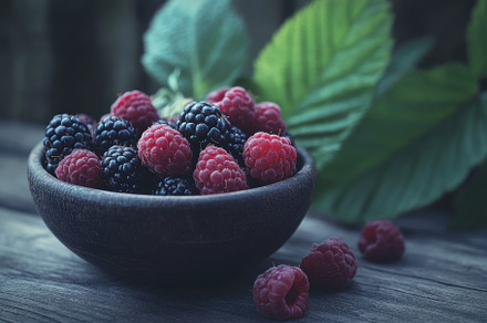Bowl of organic black raspberries on, a Photo by Iftikhar Alam