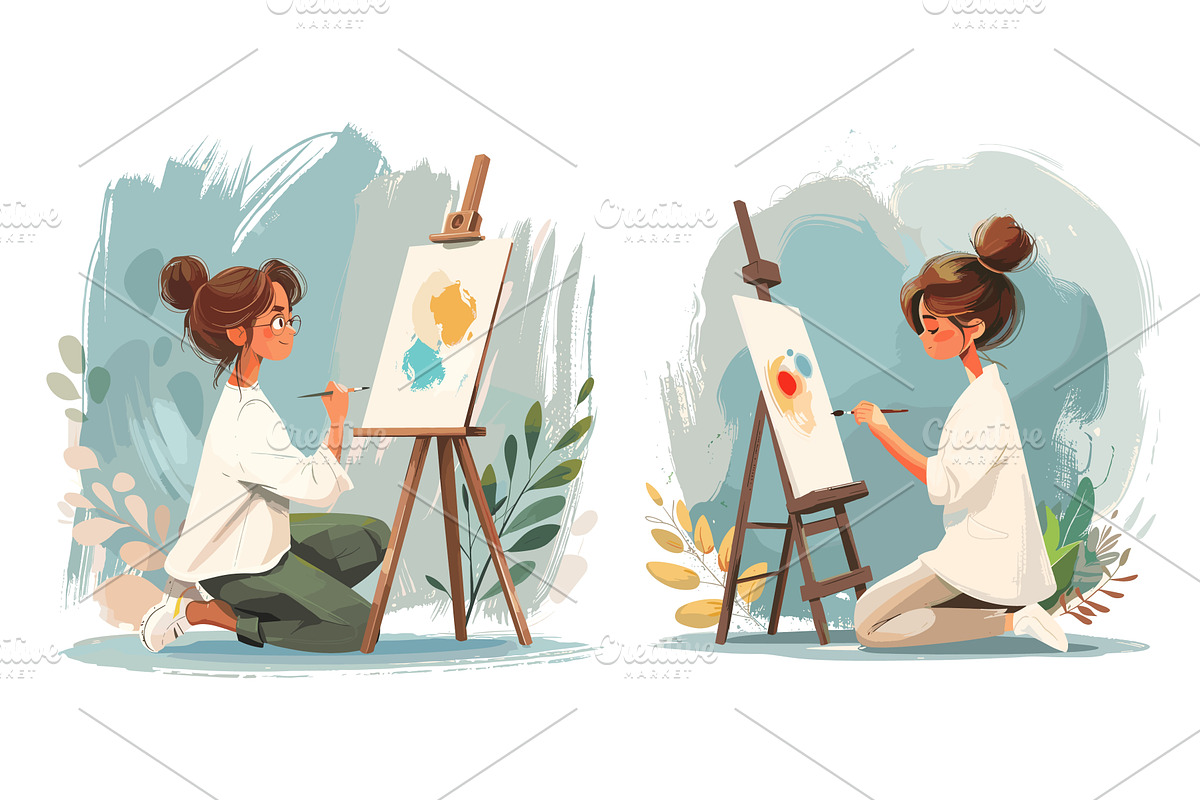 Woman artist cartoon vector scenes, an Illustration by Valerie Bodnar