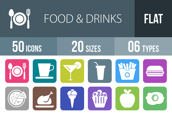 50 Food Drinks Flat Round Corner