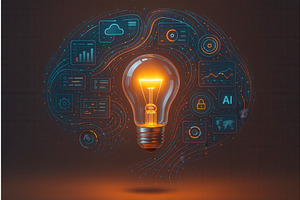 A glowing light bulb surrounded by, a Technology Illustration by Sergey Kotenev