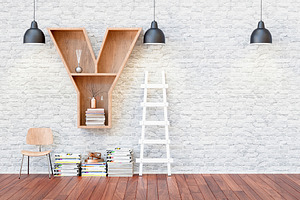 Bookshelf featuring chair, decoration, and brick