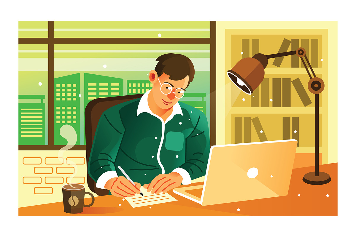 Man Work on His Office, a Work Illustration by KAZ by IanMikraz Studio