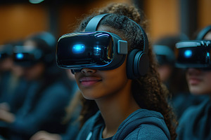 Classroom filled with students wearing VR headsets, exploring interactive exper, a Technology Photo by AlyaAnd
