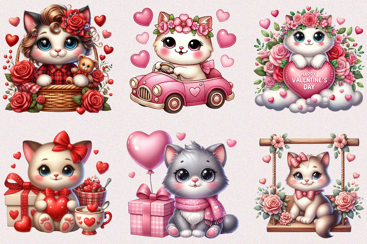 Valentine Cute Cat Clipart Bundle, a Seasonal Illustration by Craft Nest (Photo 2 of 5)
