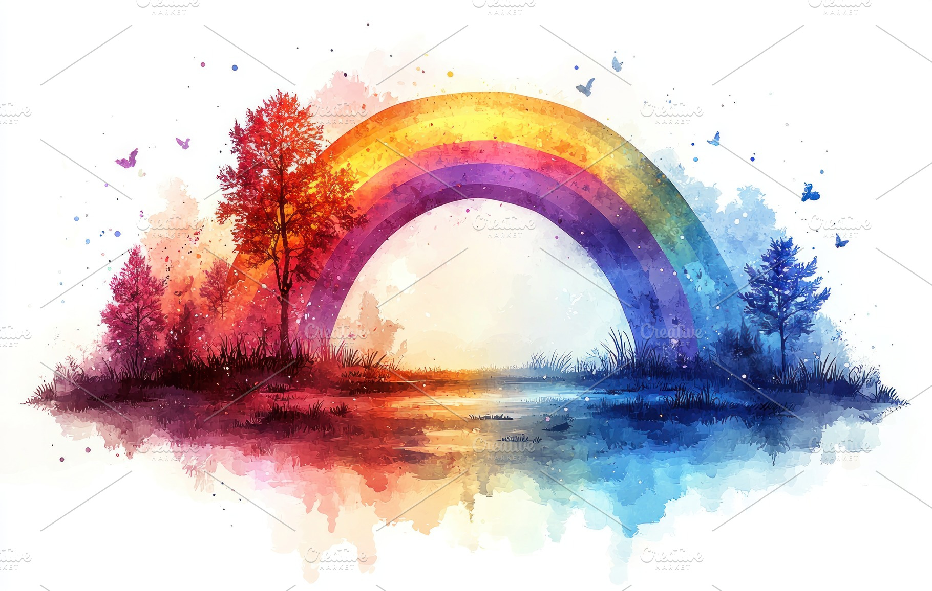 Watercolor rainbow arching over a serene landscape with colorful, a Background Photo by José Manuel Gelpi