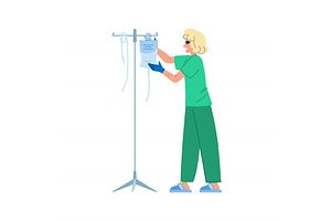 Nurse preparing saline solution bag, a Healthcare Illustration by pikepicture