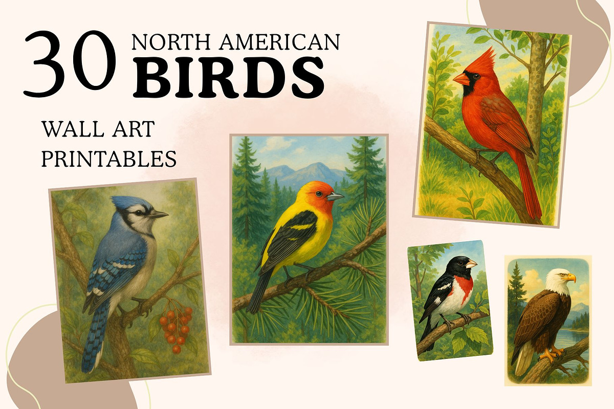 30 North American Birds Wall Art PNG, an Animal Illustration by Image for Sale