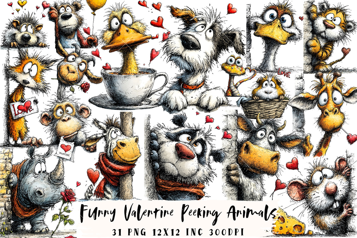Funny Valentine Peeking Animals Clip, an Illustration by OK Design (Photo 1 of 6)