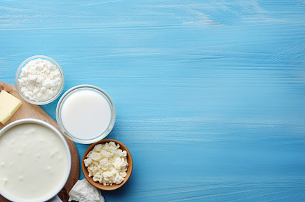 Fresh dairy products on blue background, a Food & Drink Photo by AlyaAnd