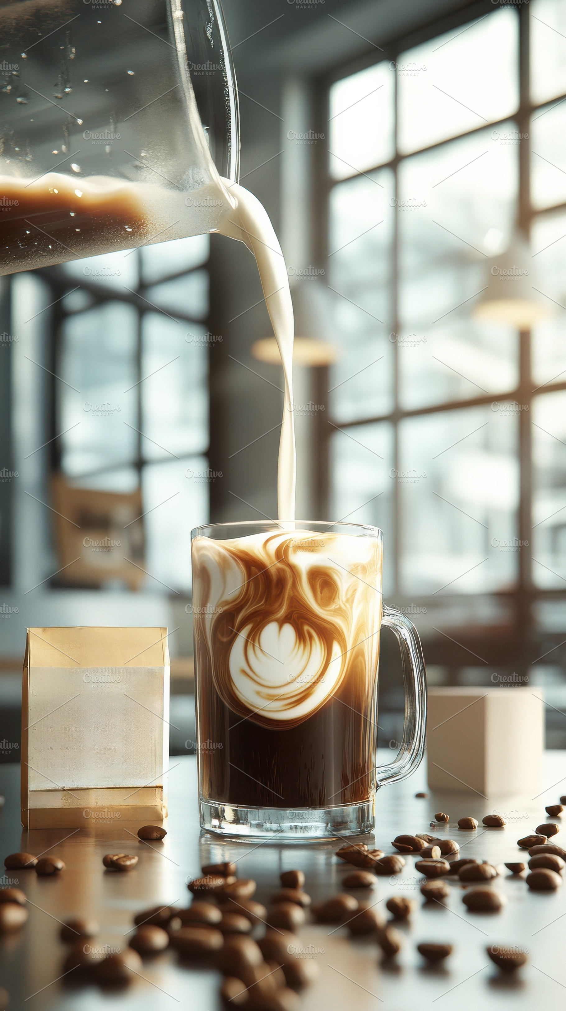 Iced Coffee Being Poured with Milk, a Food & Drink Photo by Virgo Studio