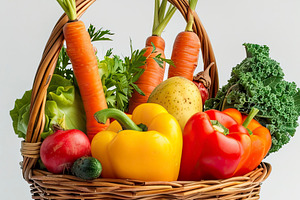 A vibrant basket filled with fresh p, a Photo by LOGOCREATIVE