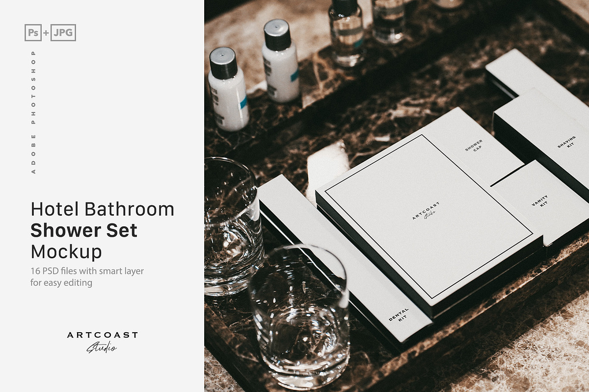 Hotel Shower Set Mockup Bathroom, a Packaging Mockup by Artcoast Studio (Photo 1 of 6)