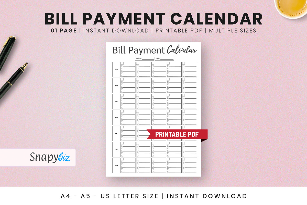Bill Payment Calendar, a Print Template by Snapybiz (Photo 3 of 10)
