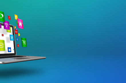Flying icons around a laptop. Cloud computing concept, a Technology Photo by GoodGoods