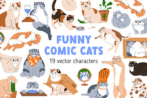 Cute, Funny, Comic Cats. Cartoon Set