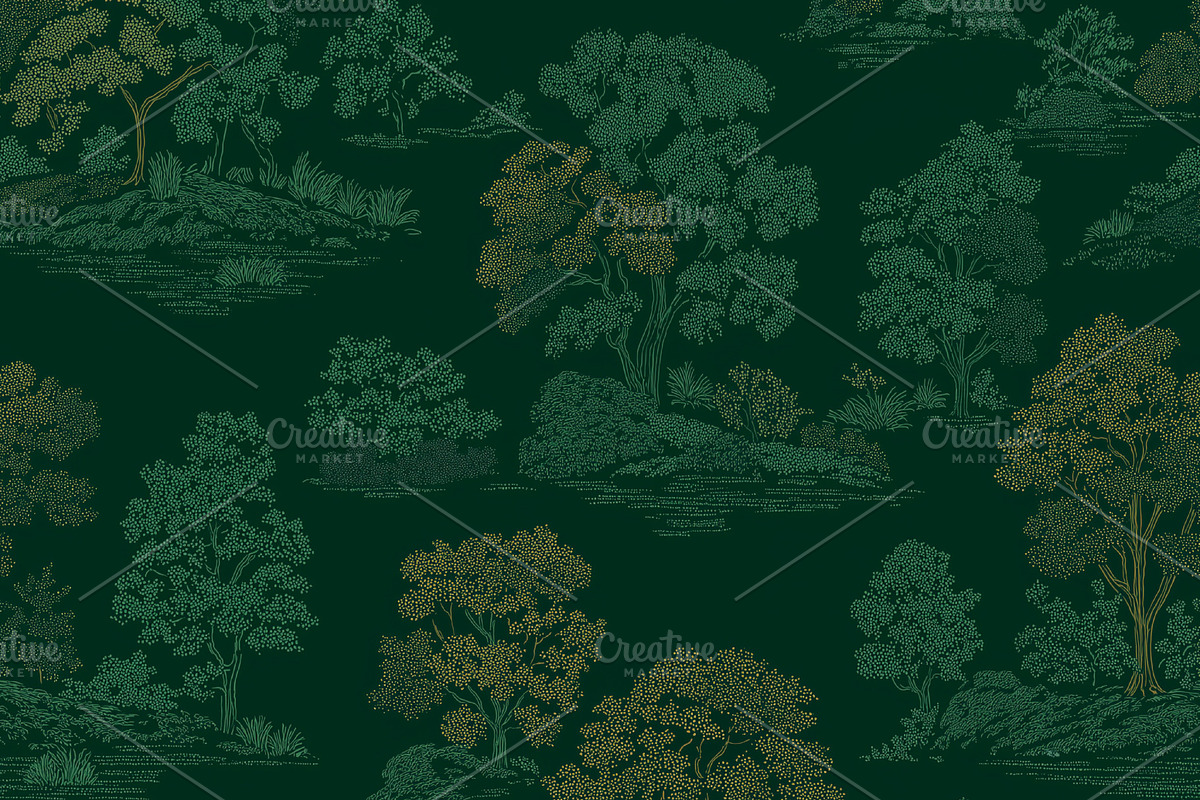 Vintage toile style producing a seamless forest pattern with gre, a Pattern Graphic by Studio ANNA