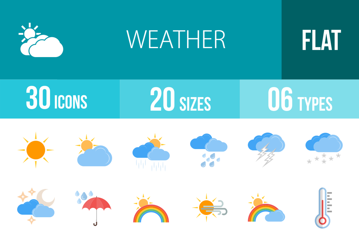 30 Weather Flat Multicolor Icons, an Icon by IconBunny
