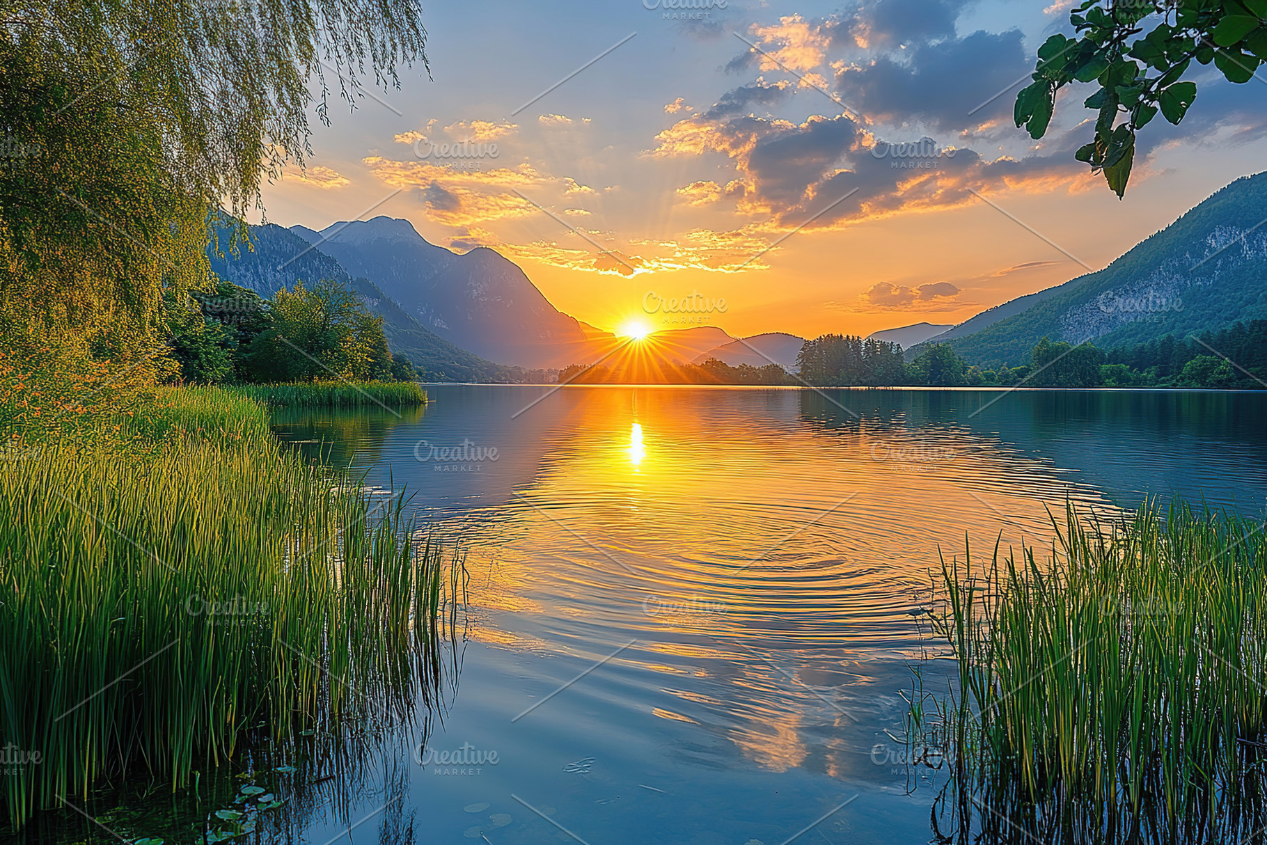 Stunning sunset over tranquil lake surrounded by mountains, a Nature Photo by AlyaAnd