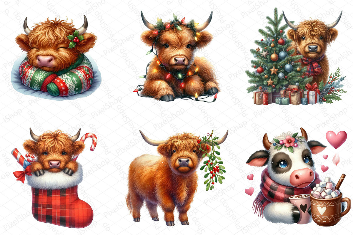 Cute Christmas Highland Cow Clipart, an Illustration by DreamPrint404 (Photo 4 of 5)