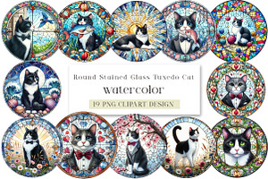 Round Stained Glass Tuxedo Cat Clipa, an Illustration by DreamArtGraphic