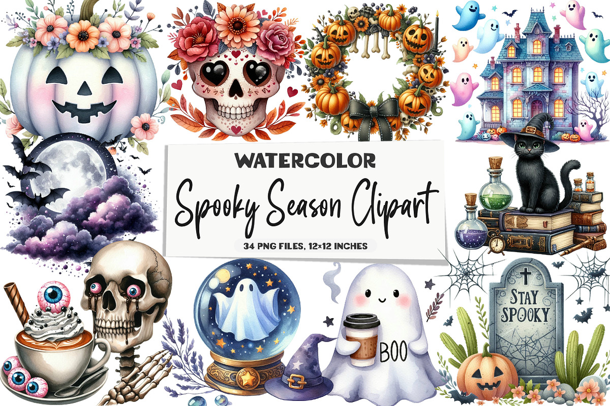 Watercolor Spooky Season Clipart, an Illustration by DreamArtGraphic (Photo 1 of 5)