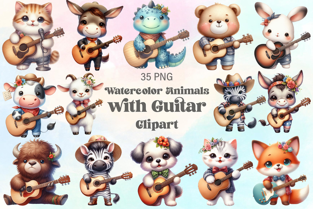 Watercolor Animals With Guitar PNG, an Illustration by CraftArtStudio (Photo 1 of 3)