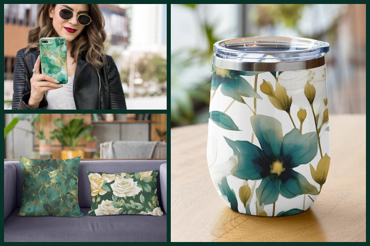 Gold & Emerald Green Seamless Floral, a Pattern Graphic by NadiaTheronArt (Photo 4 of 5)