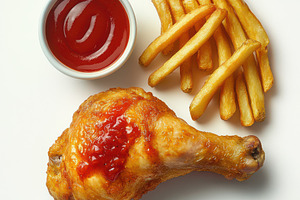 Chicken leg and fried fries with ket, a Food & Drink Photo by Pixeness Studio