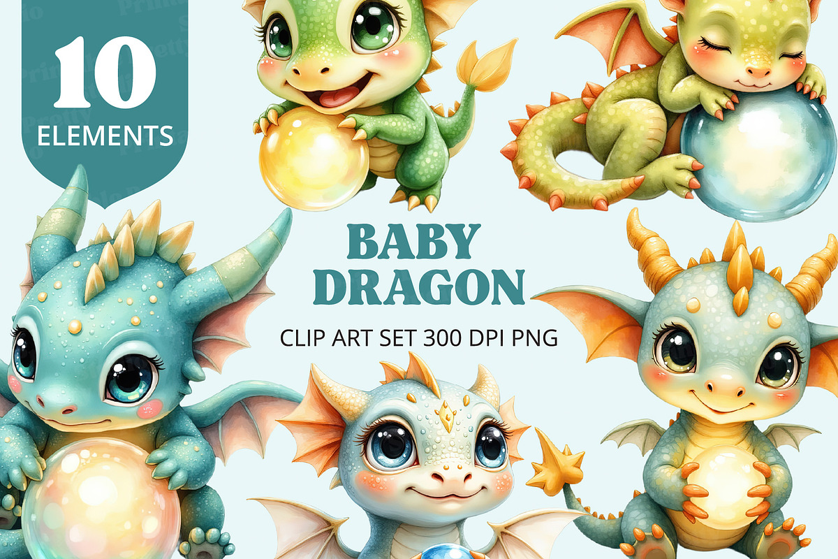 Cute Baby Dragon Clipart PNG, an Animal Illustration by Printable Pretty Studio (Photo 1 of 3)