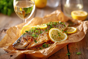 Grilled fish with lemon and herbs on wooden board with white wine, a Photo by AlyaAnd