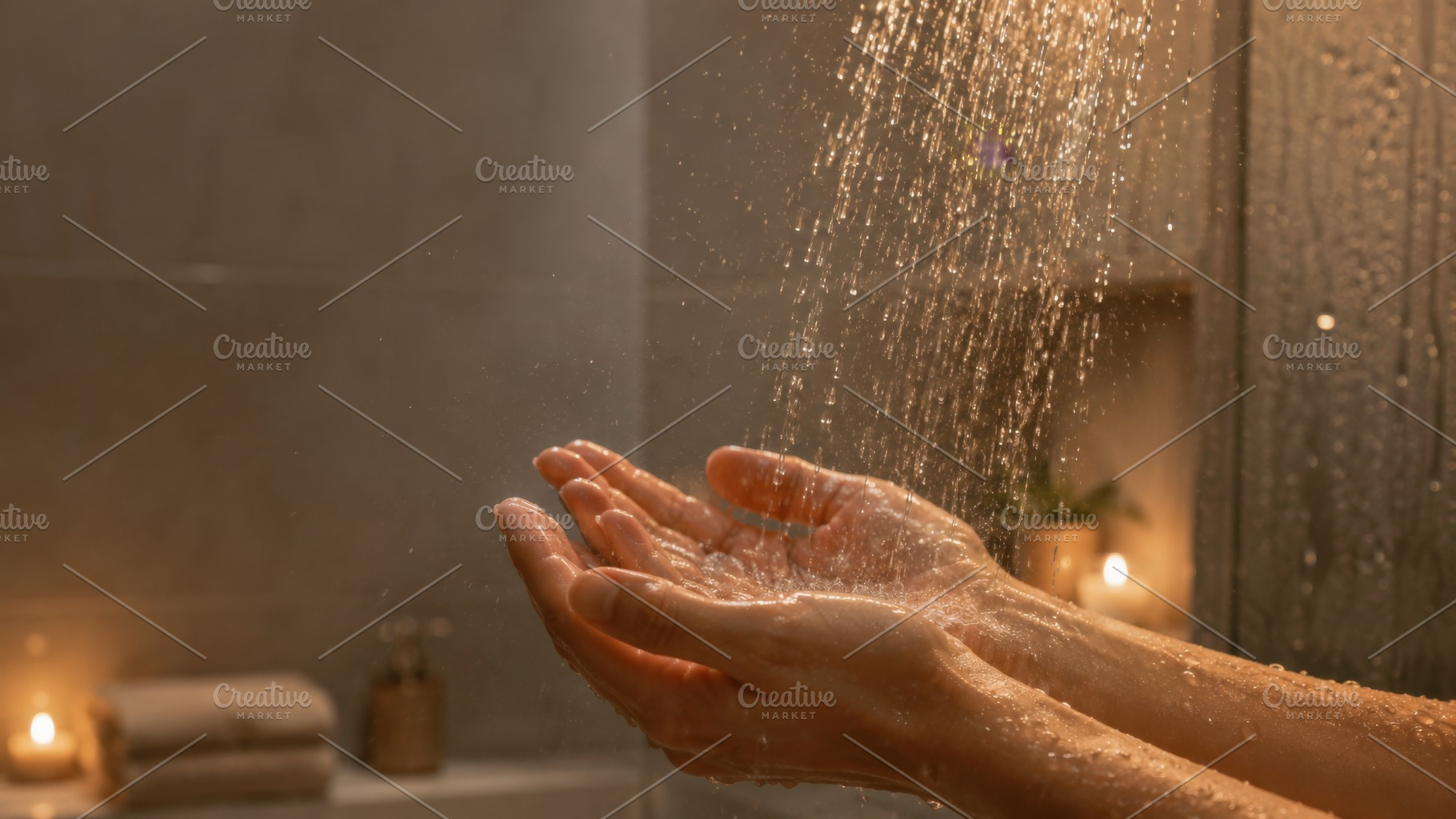 Dark showering concept. Hands under shower water with warm light, a Photo by Dvoevnore photos