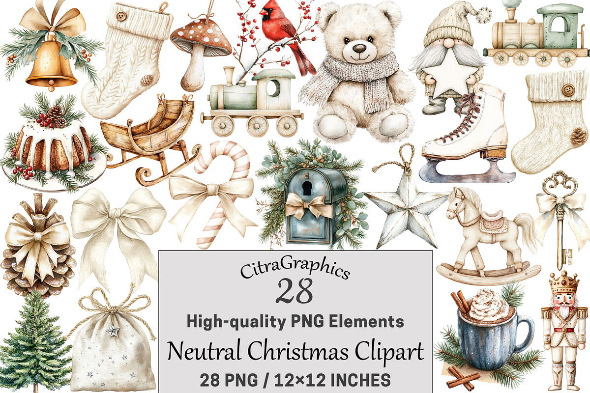 Watercolor Neutral Christmas Clipart, a Seasonal Illustration by CitraGraphics (Photo 1 of 6)