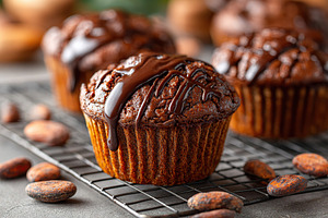 Vegan chocolate muffins cooling on a wire rack with melted chocolate drizzle an, a Food & Drink Photo by AlyaAnd