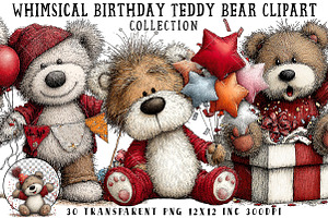 Whimsical Birthday Teddy Bear Clipar, an Illustration by OK Design