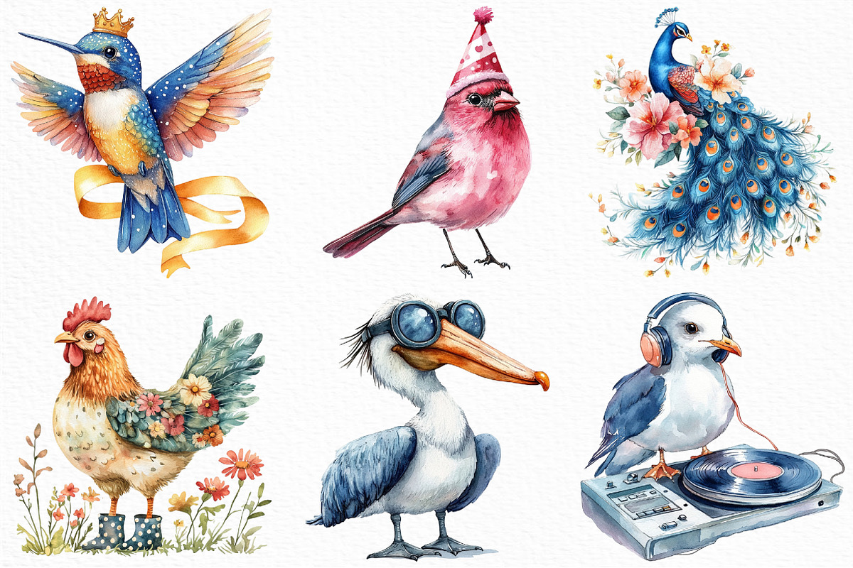 Watercolor Quirky Whimsical Birds, an Illustration by Craft Nest (Photo 2 of 6)