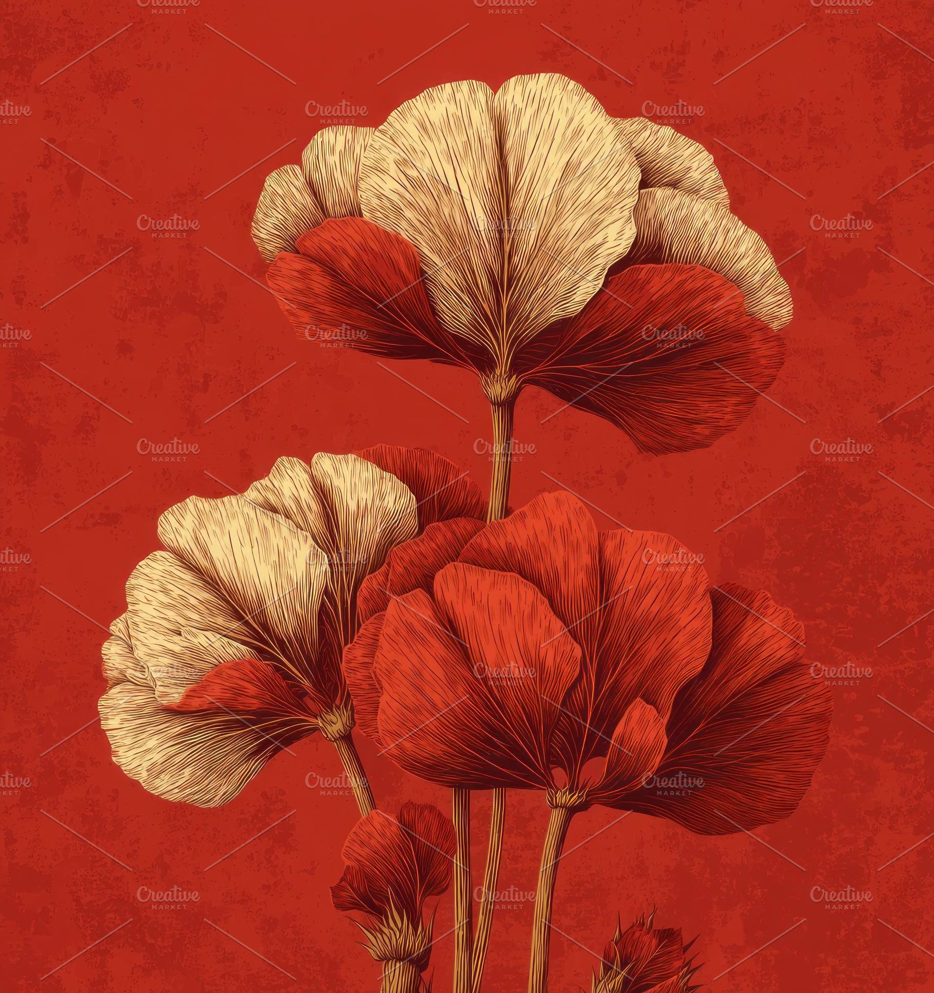 Elegant red and cream poppy flowers with fine line textures on a, a Nature Photo by José Manuel Gelpi