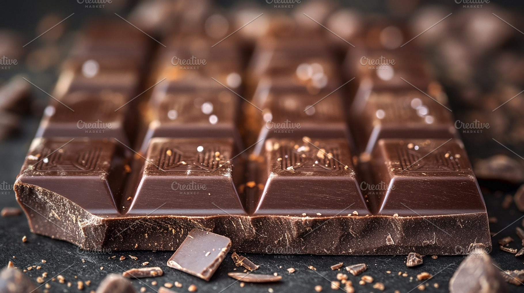 Close-up of rich dark chocolate bar with textured surface, scatt, a Food & Drink Photo by ImageMir