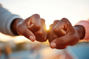 Fist bump at sunset symbolizing friendship and teamwork, a Business Photo by AlyaAnd