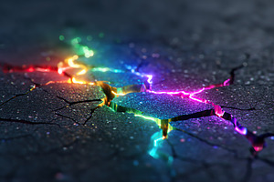 Vibrant rainbow cracks on a matte dark textured surface at twilight, a Background Photo by AlyaAnd