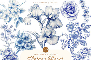 Vintage Line Art Floral Clipart, an Object Illustration by SparkyDesignsUS