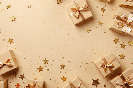 Christmas gift boxes on beige background, a Holiday Photo by AlyaAnd