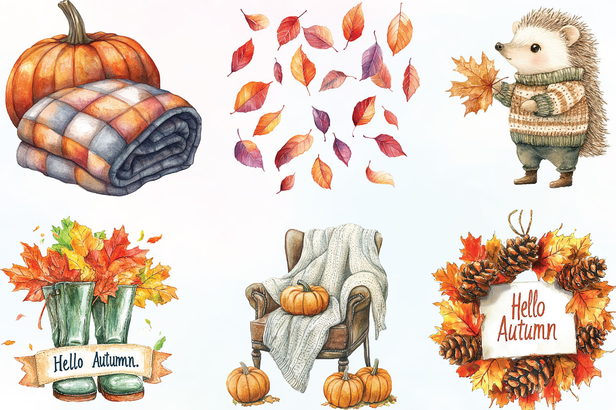 Watercolor Hello Autumn Clipart, an Illustration by CraftArtStudio (Photo 2 of 6)